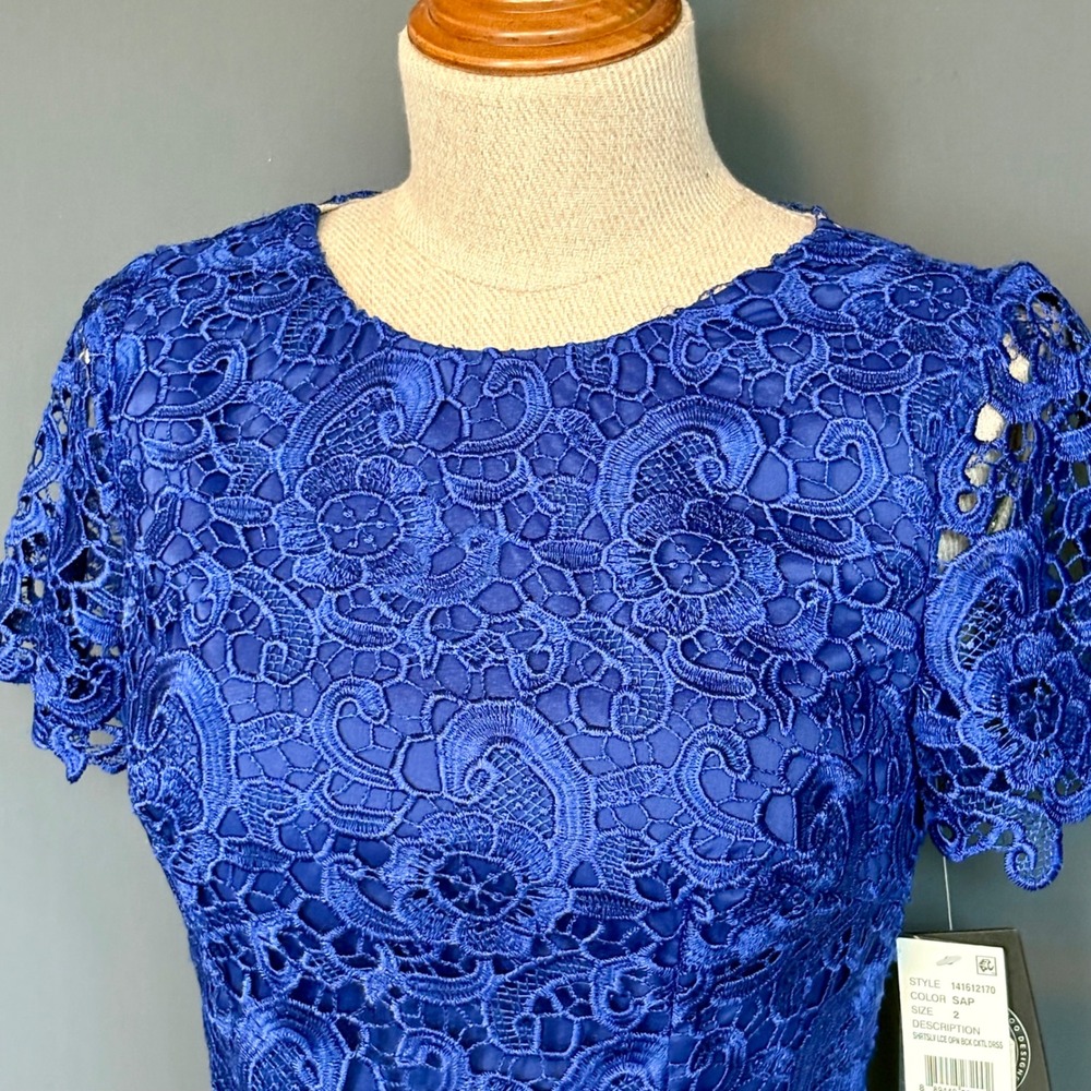 Aqua Floral Lace‎ Cocktail Dress | Sz 2 | Sapphire Blue Sheath | Bloomingdales